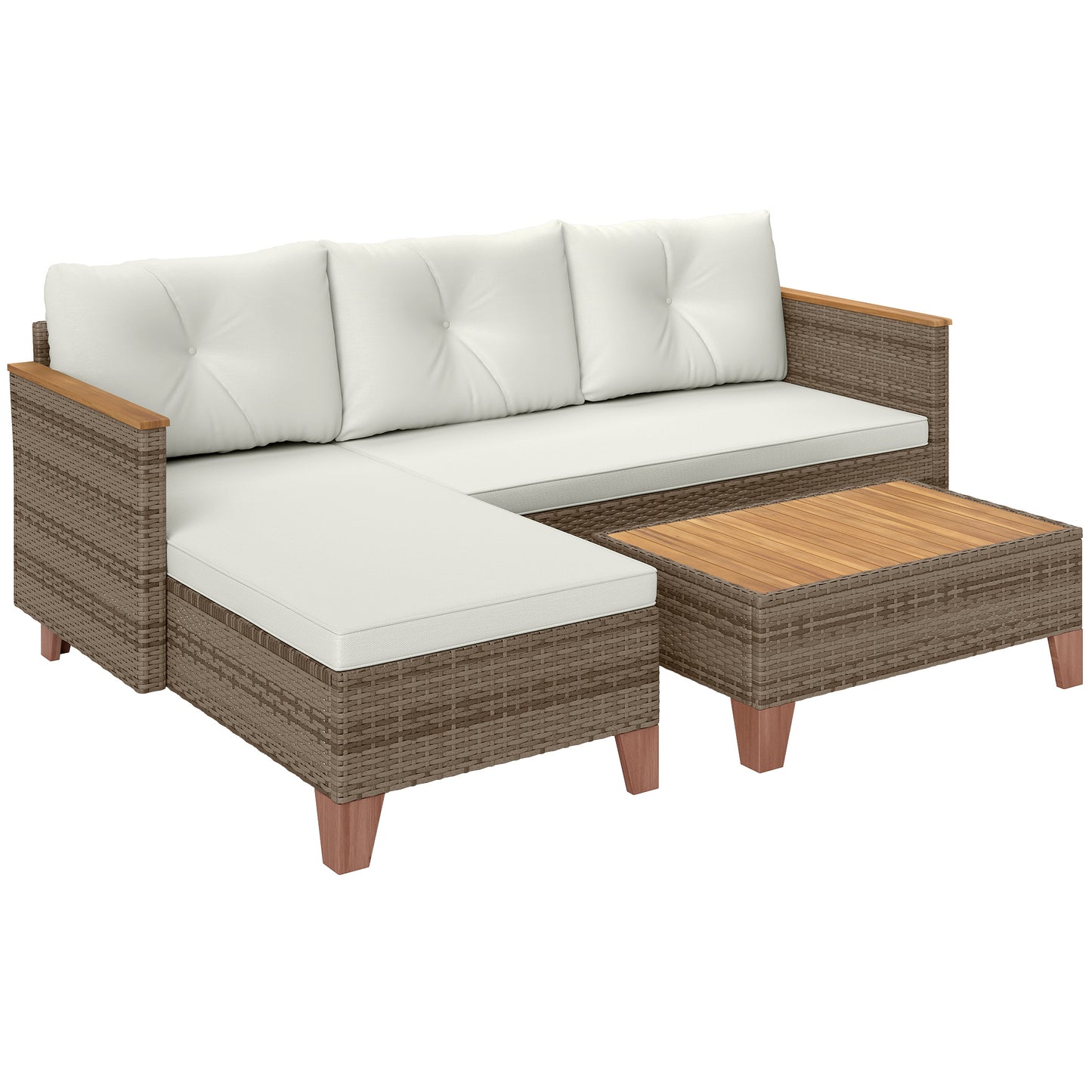 3 Pieces Rattan Garden Furniture Set, L Shaped Chaise with Wood Top Coffee Table and Thick Cushions