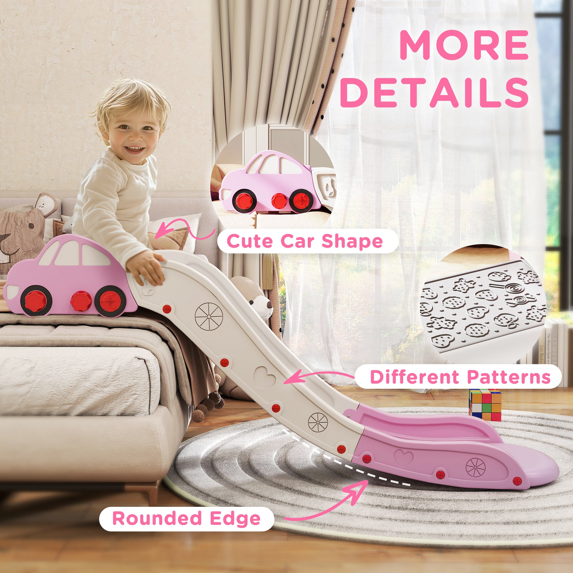 Kids Slide for Bed, Sofa, with Extended Length, Easy to assemble and Store, Pink