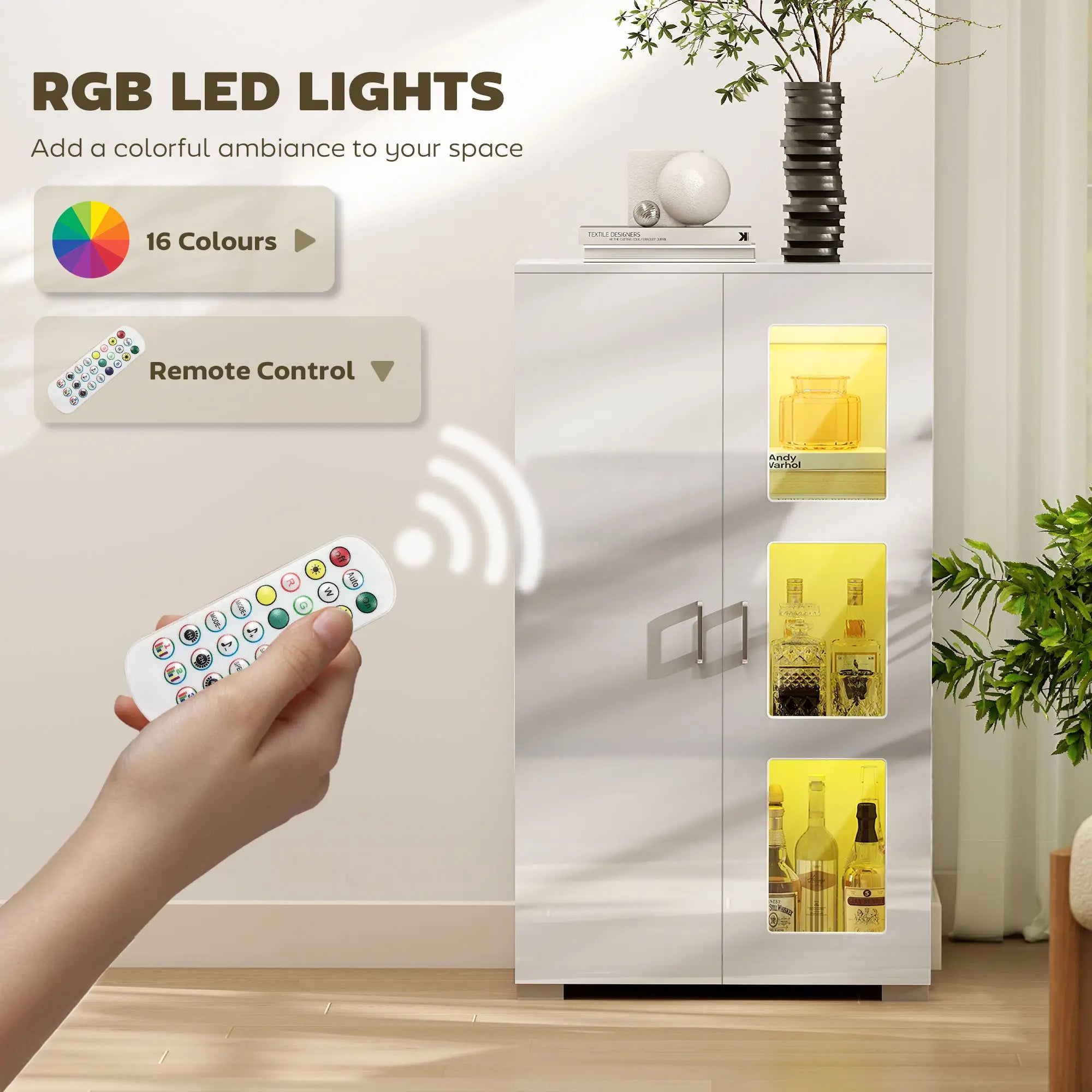 High Gloss Sideboard, Display Cabinet with 16-Colour RGB LED Lights and Remote Control