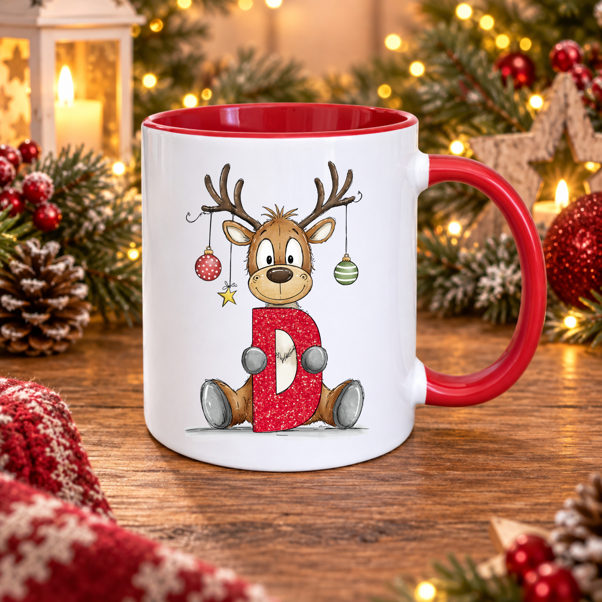 Personalised Christmas Reindeer Initial Mug | Choose Your Letter | Festive Mug