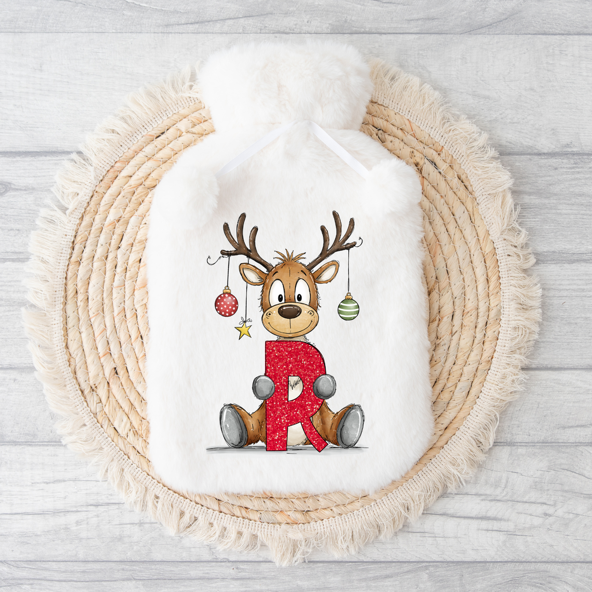 Reindeer Initial Fluffy Hot Water Bottle