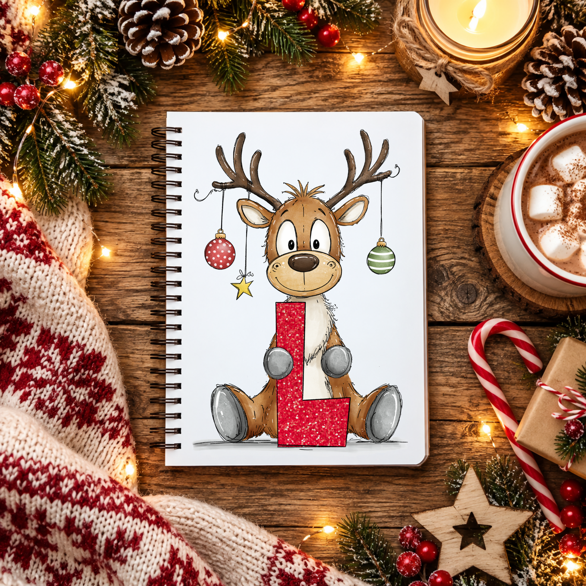 Personalised A5 lined Christmas notebook with festive reindeer holding a red initial letter