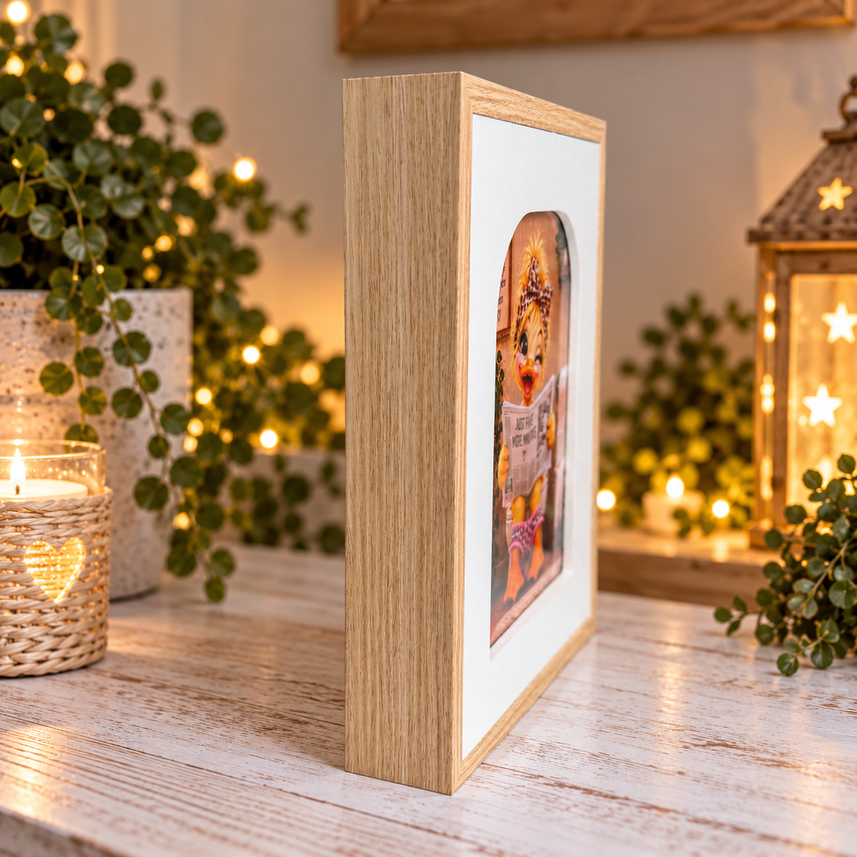 Side view of 4cm deep natural wood finish bathroom picture frame