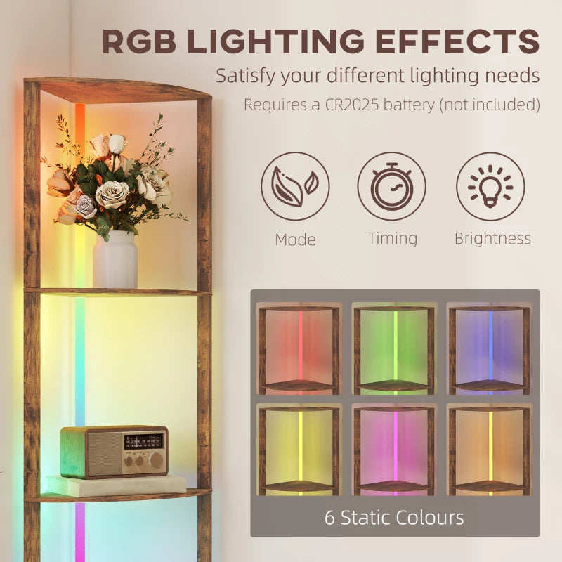 RGB Standing Lamp with Shelves, 4-Tier LED Floor Lamp with Multiple Lighting Modes, Rustic Brown