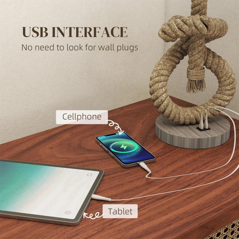 Nautical Table Lamps Set of 2 with USB Charging Port, Bedside Lamps for Bedroom Living Room, Warm White LED Bulb Included, with Hemp Rope, Natural