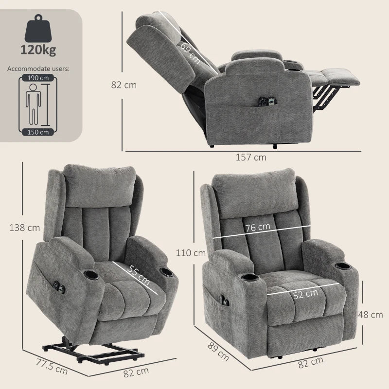 Power Lift Recliner Chair with Vibration Massage and Heat, Chenille Riser and Recliner - Grey