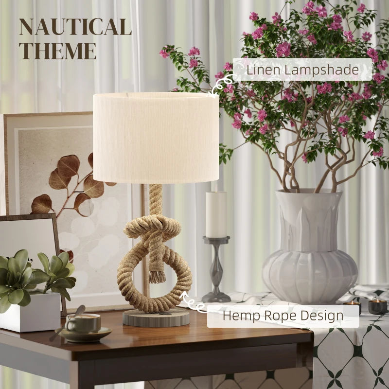 Nautical Table Lamps Set of 2 with USB Charging Port, Bedside Lamps for Bedroom Living Room, Warm White LED Bulb Included, with Hemp Rope, Natural