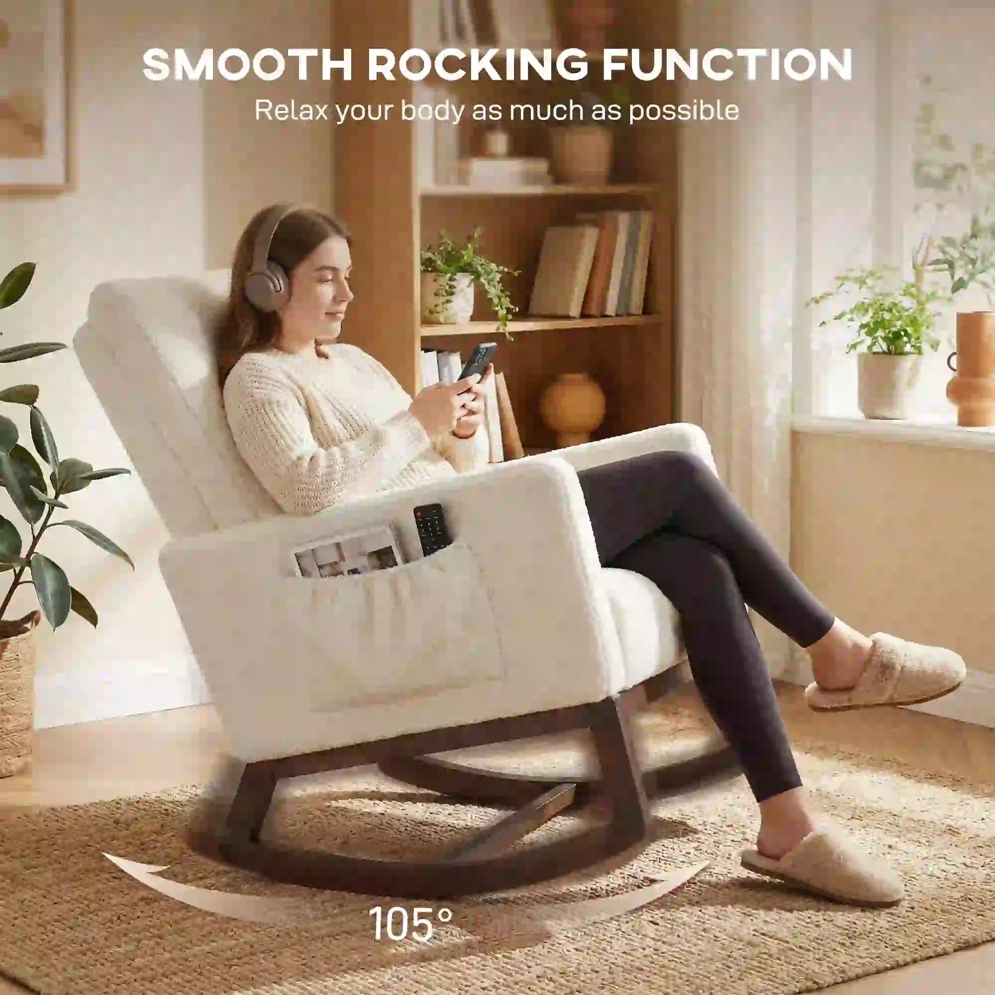 Rocking Chair for Adults, Lounge Rocker Chair with Lumbar Pillow, High Back, Wood Base, Side Pockets, Cream White