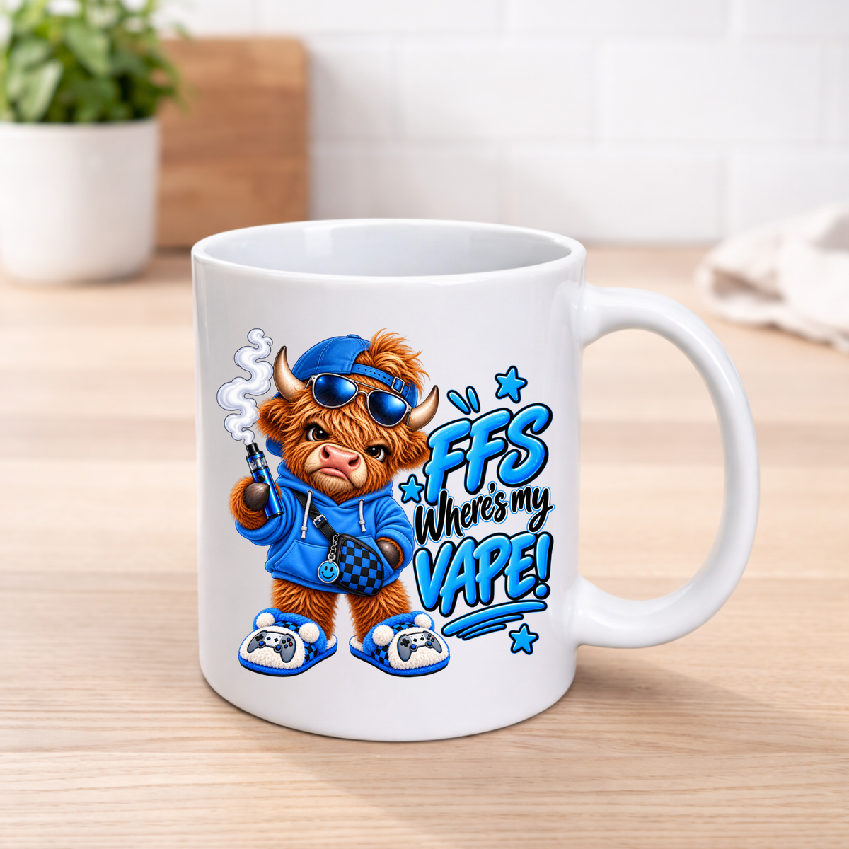Blue FFS Where's My Vape Highland cow 11oz ceramic mug with cap sunglasses and gamer slippers