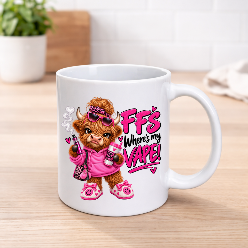 Pink FFS Where's My Vape Highland cow 11oz ceramic mug with leopard print accessories
