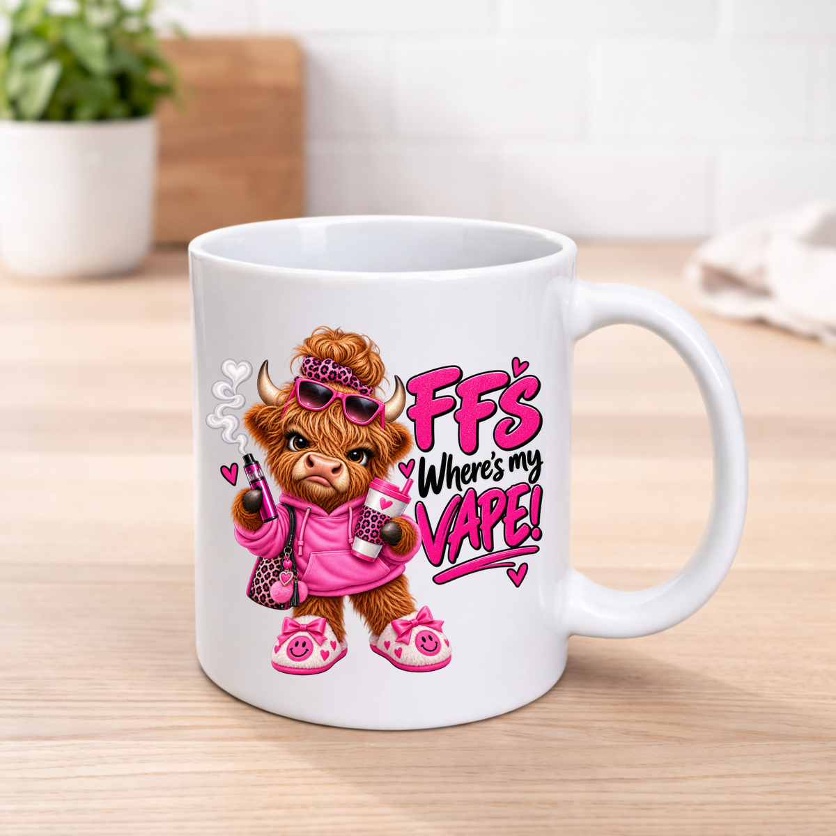 Pink FFS Where's My Vape Highland cow 11oz ceramic mug with leopard print accessories
