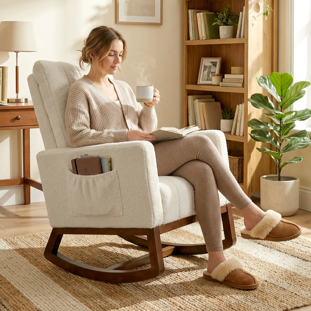 Rocking Chair for Adults, Lounge Rocker Chair with Lumbar Pillow, High Back, Wood Base, Side Pockets, Cream White