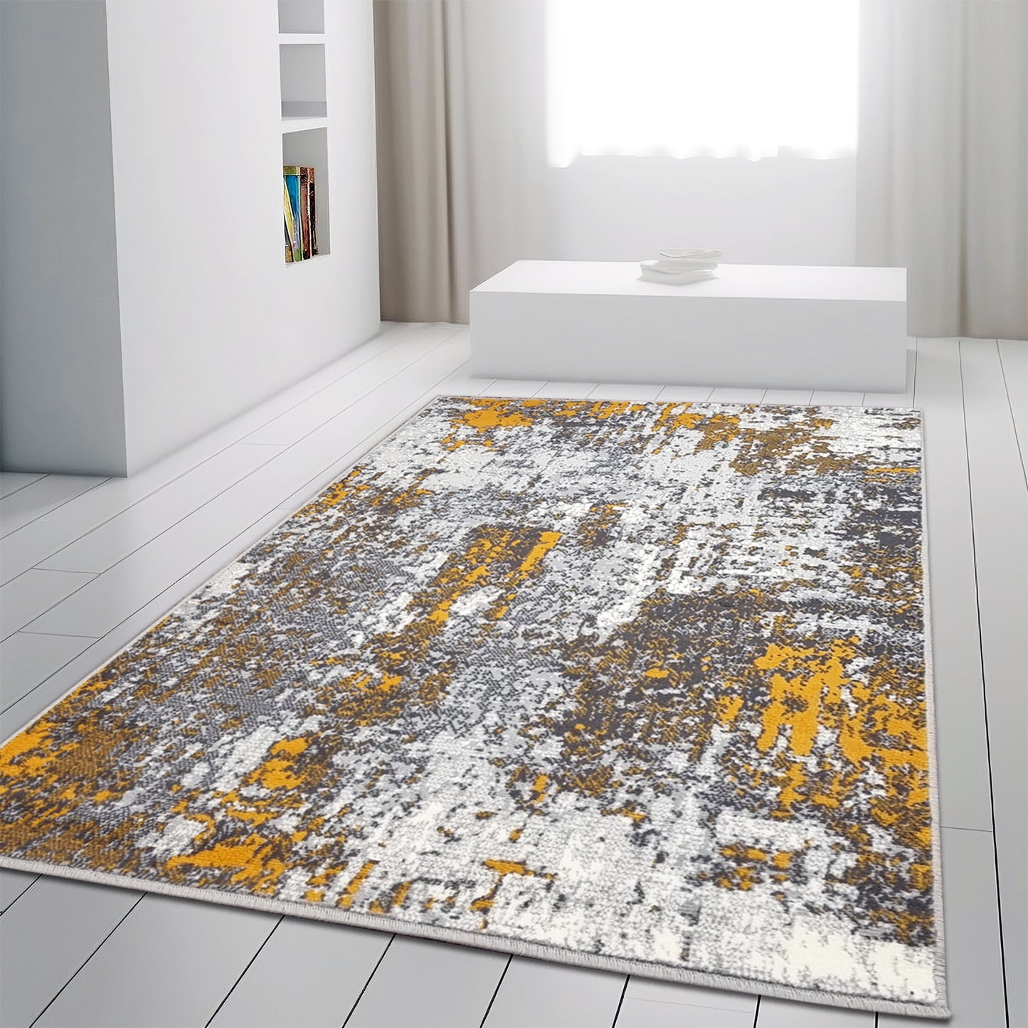 Marble Abstract Rug Grey Mustard Yellow Distressed Pattern Soft Carpet Rug