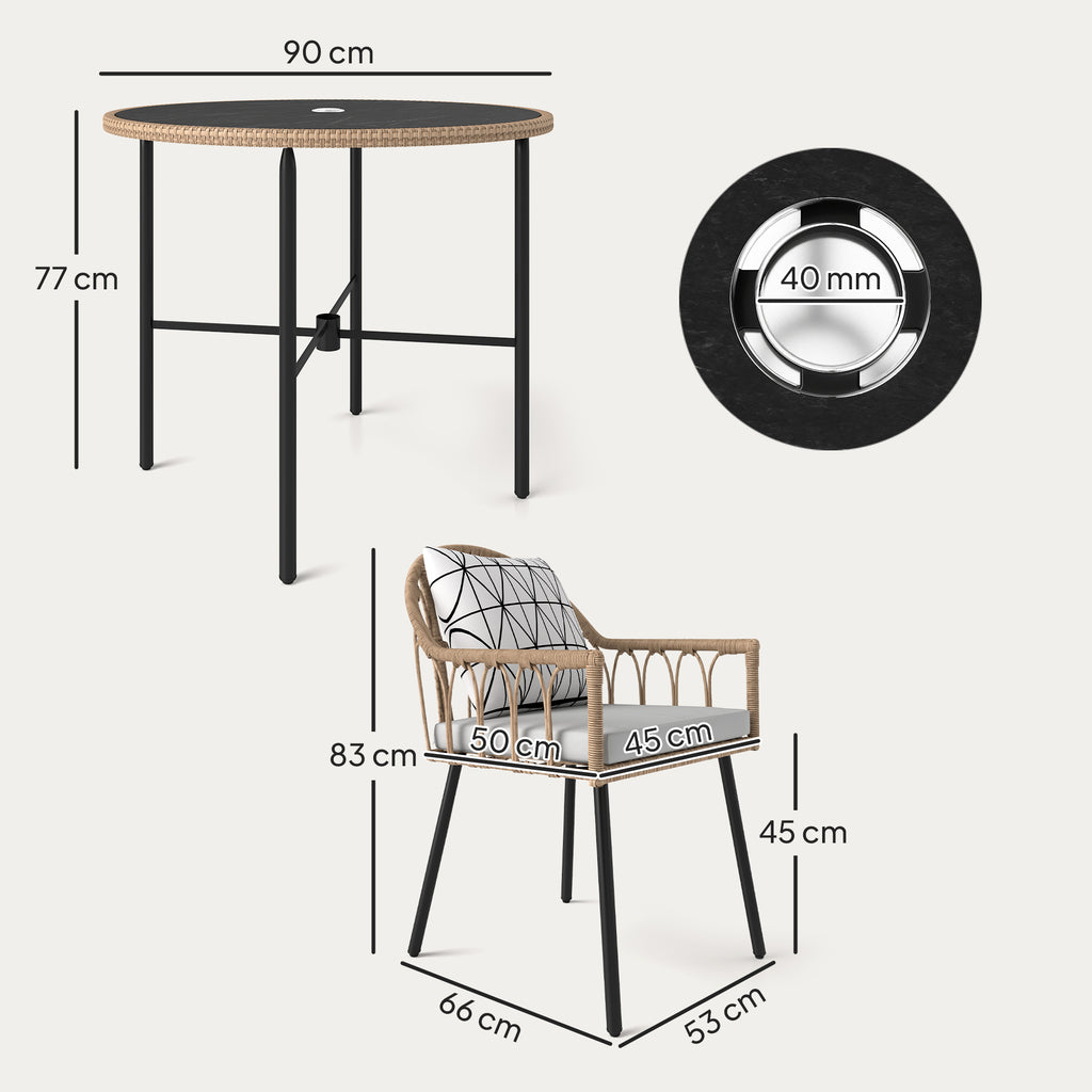 5 Piece Patio Rattan Dining Set, Wicker Garden Table and Chairs w/ Seat & Back Cushions, Round Tempered Glass Tabletop, Parasol Hole, Outdoor Furniture Conservatory Set, Light Brown
