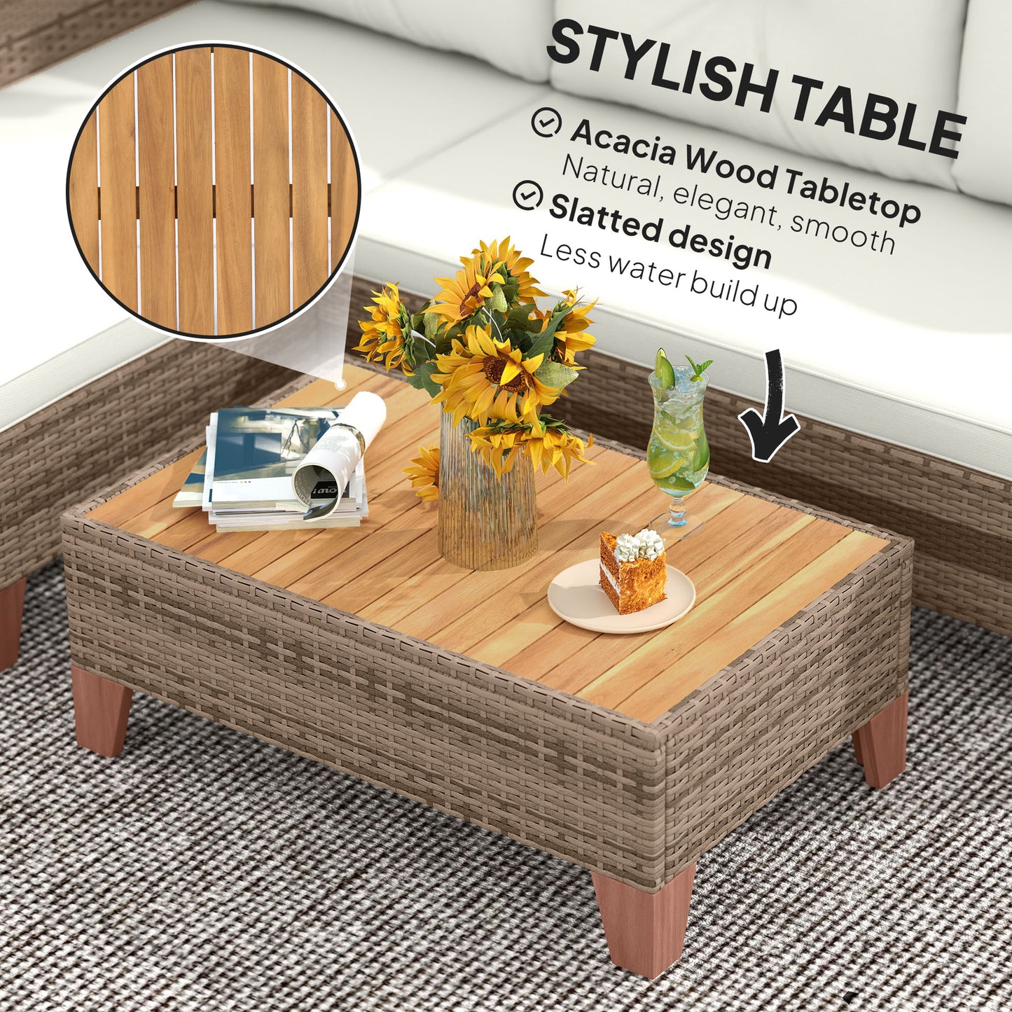3 Pieces Rattan Garden Furniture Set, L Shaped Chaise with Wood Top Coffee Table and Thick Cushions