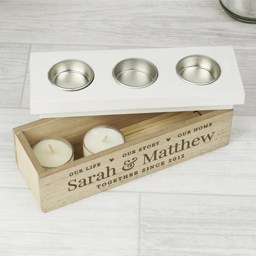 Personalised Our Life, Story & Home Triple Tea Light Box.
