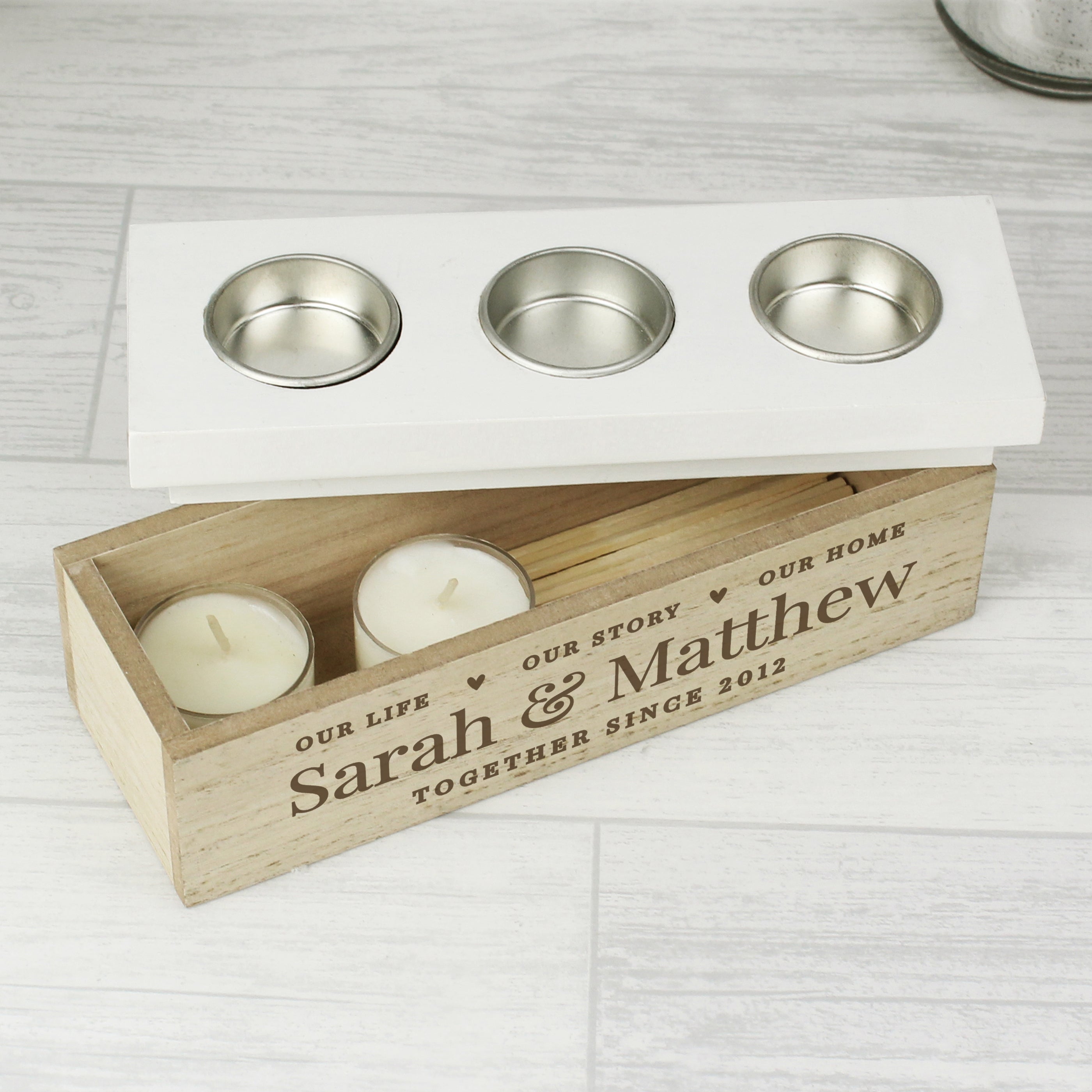 Personalised Our Life, Story & Home Triple Tea Light Box.