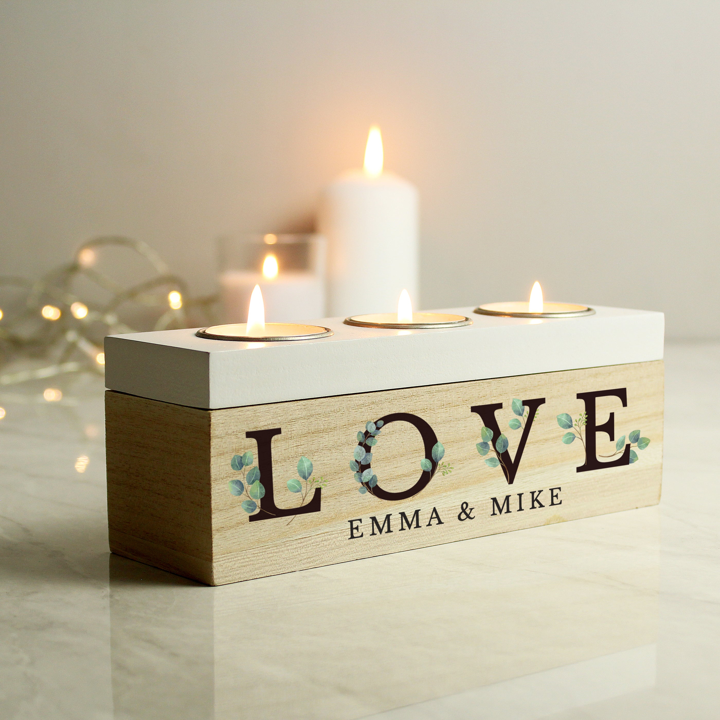 Personalised Botanical Triple Tea Light Box.