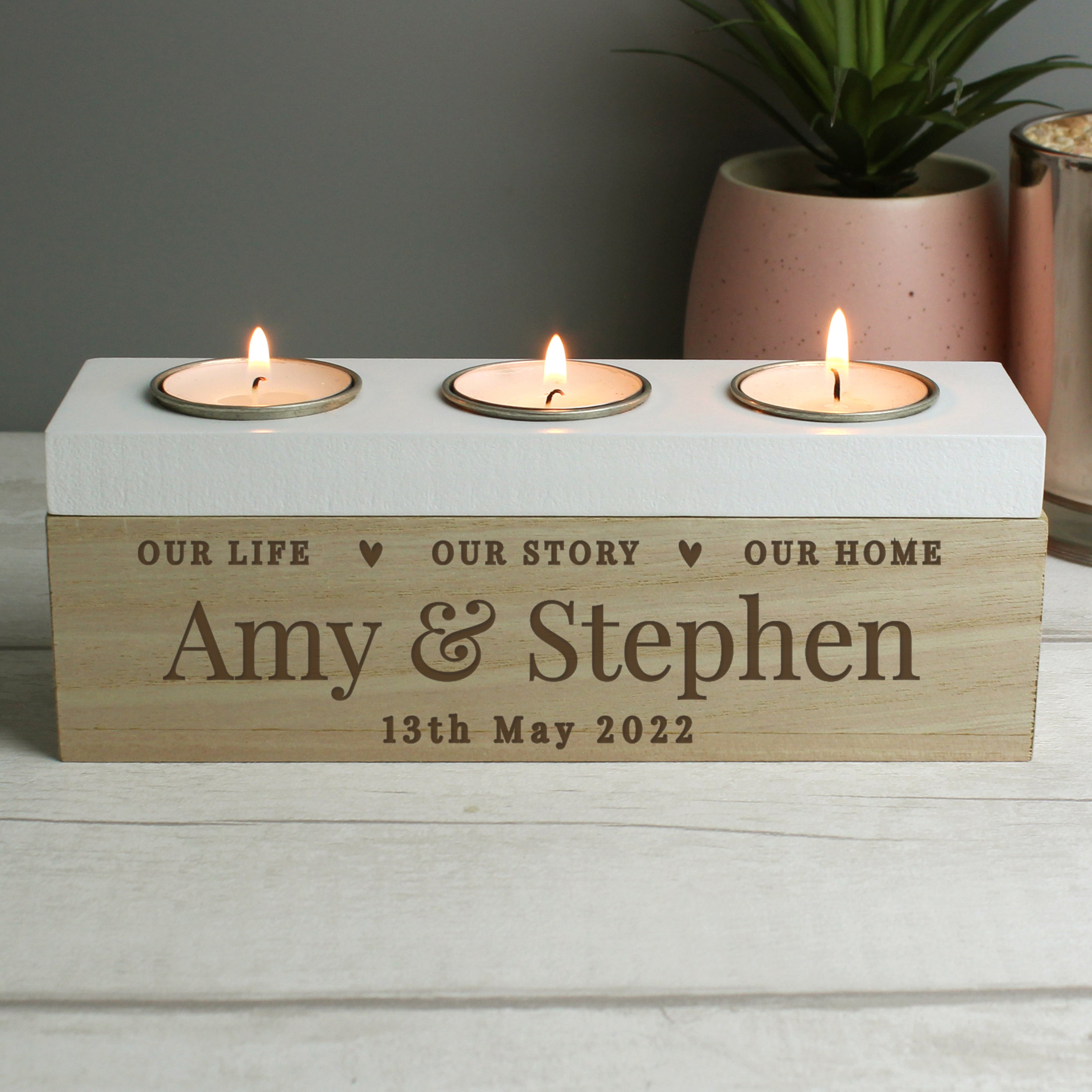 Personalised Our Life, Story & Home Triple Tea Light Box.