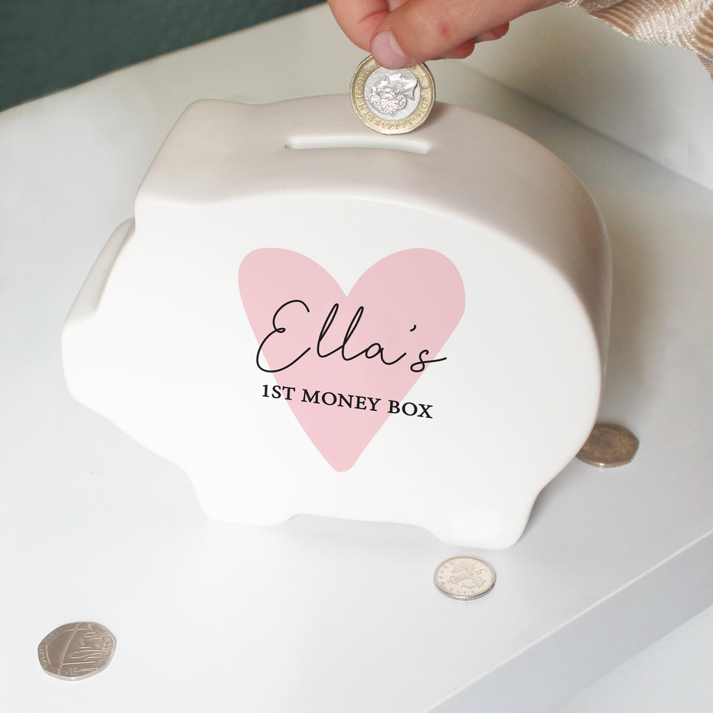 Personalised Pink Heart Piggy Bank