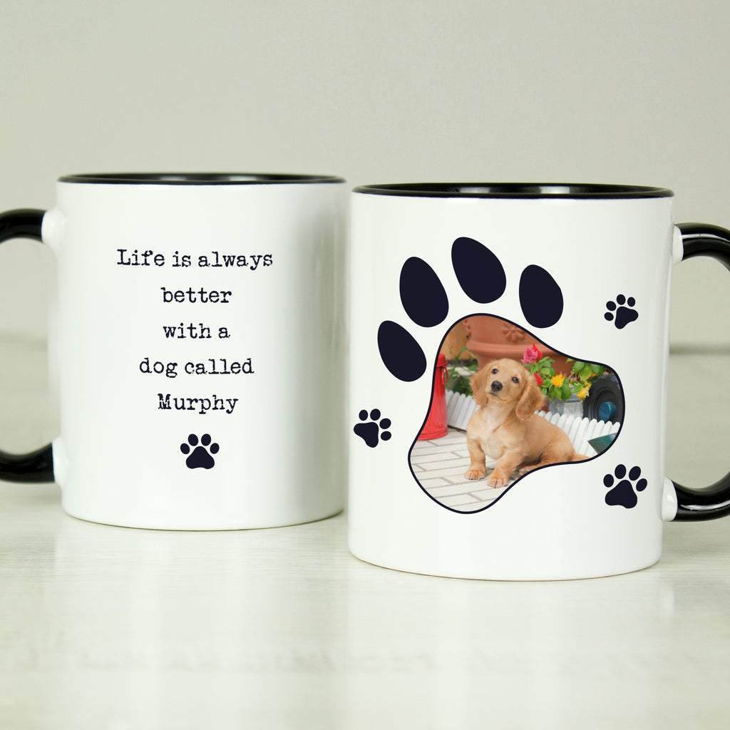 Personalised Paw Print Pet Photo Upload Black Handled Mug