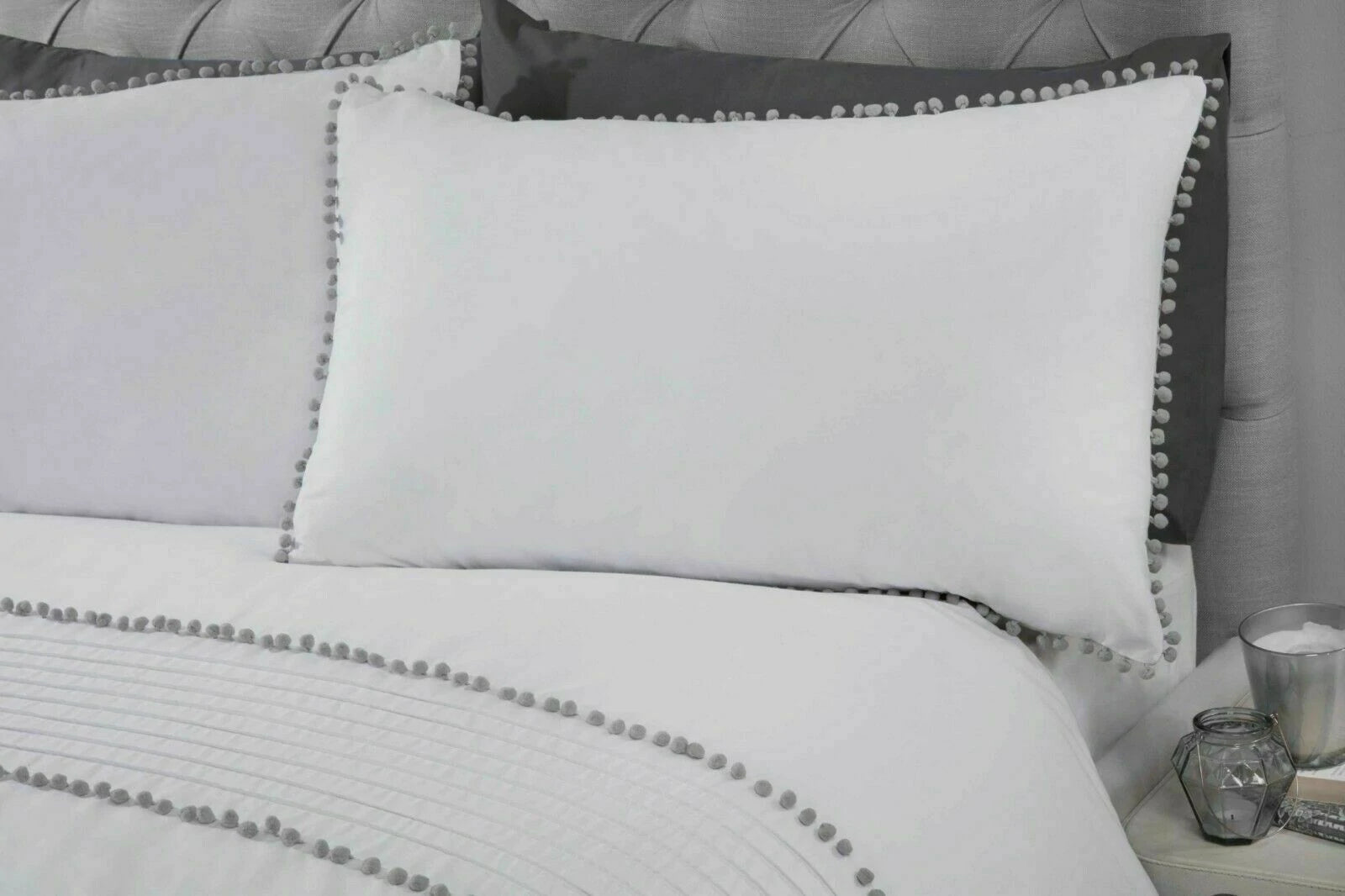 Pom Pom Pleated Trim Blush White/Grey Duvet Cover Set