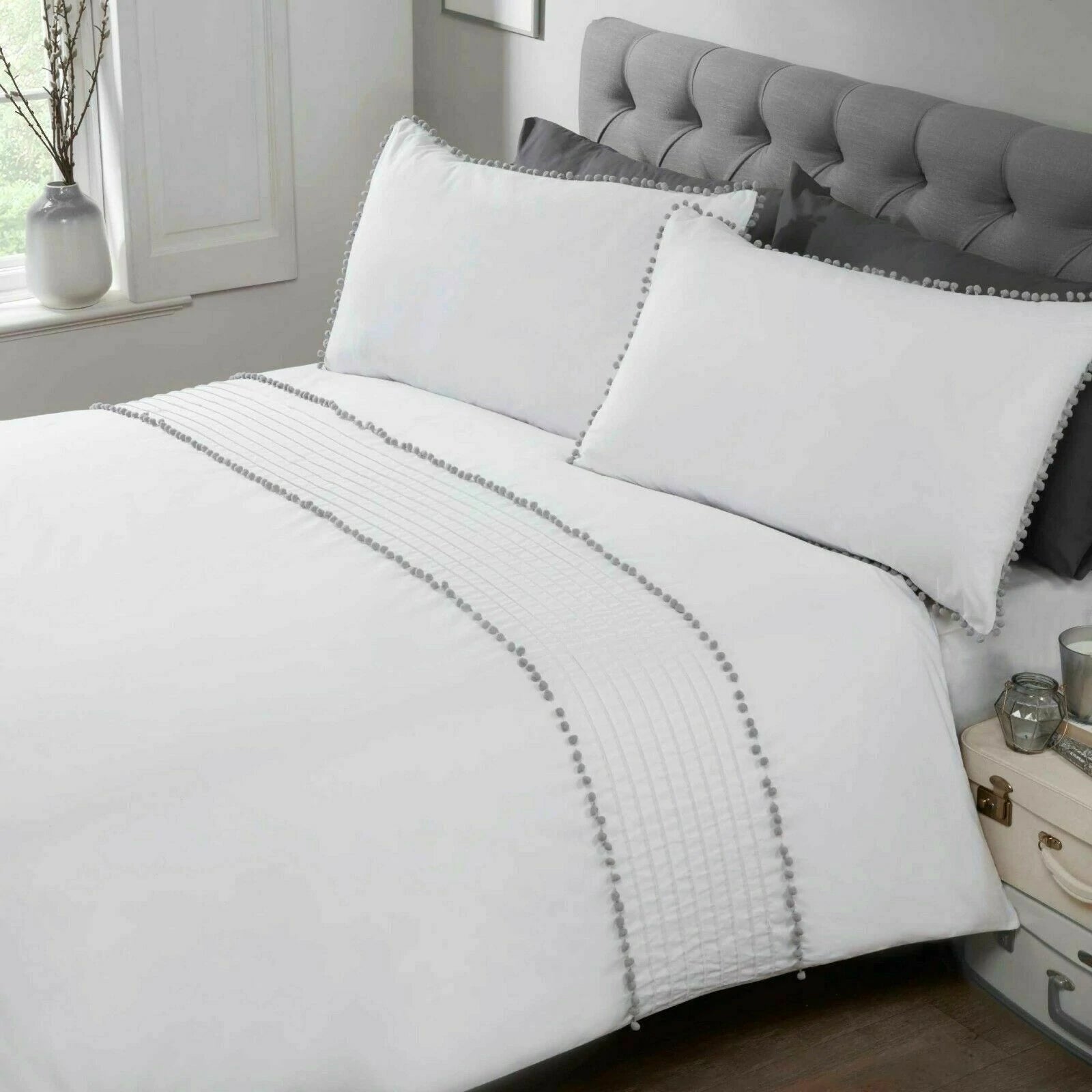 Pom Pom Pleated Trim Blush White/Grey Duvet Cover Set