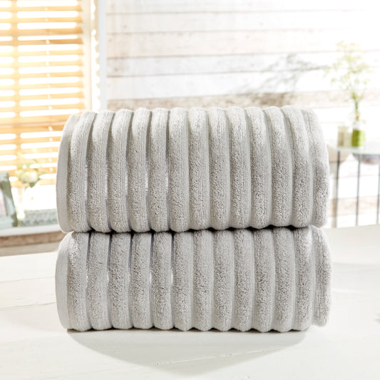 Ribbed 100% Cotton 2 Piece Bath Sheet Set - Silver