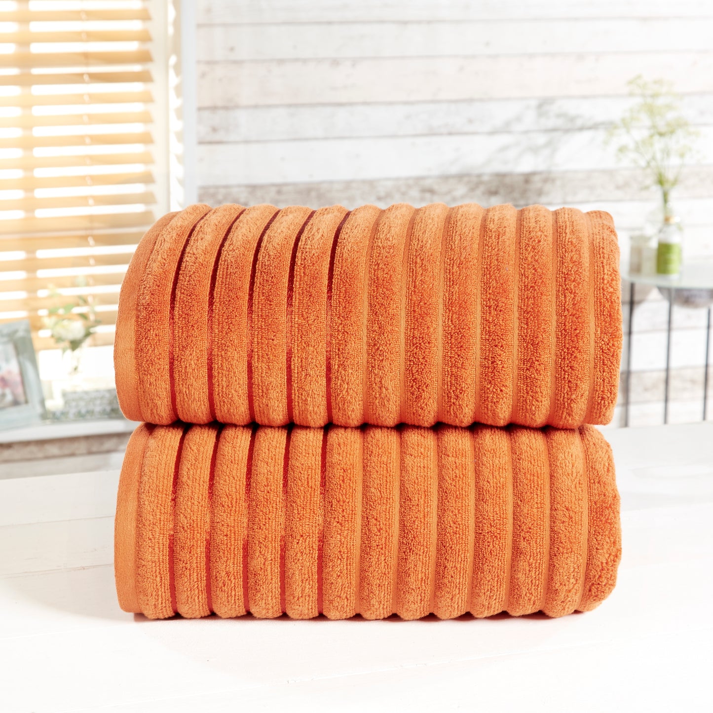 Ribbed 100% Cotton 2 Piece Bath Sheet Set - Spice