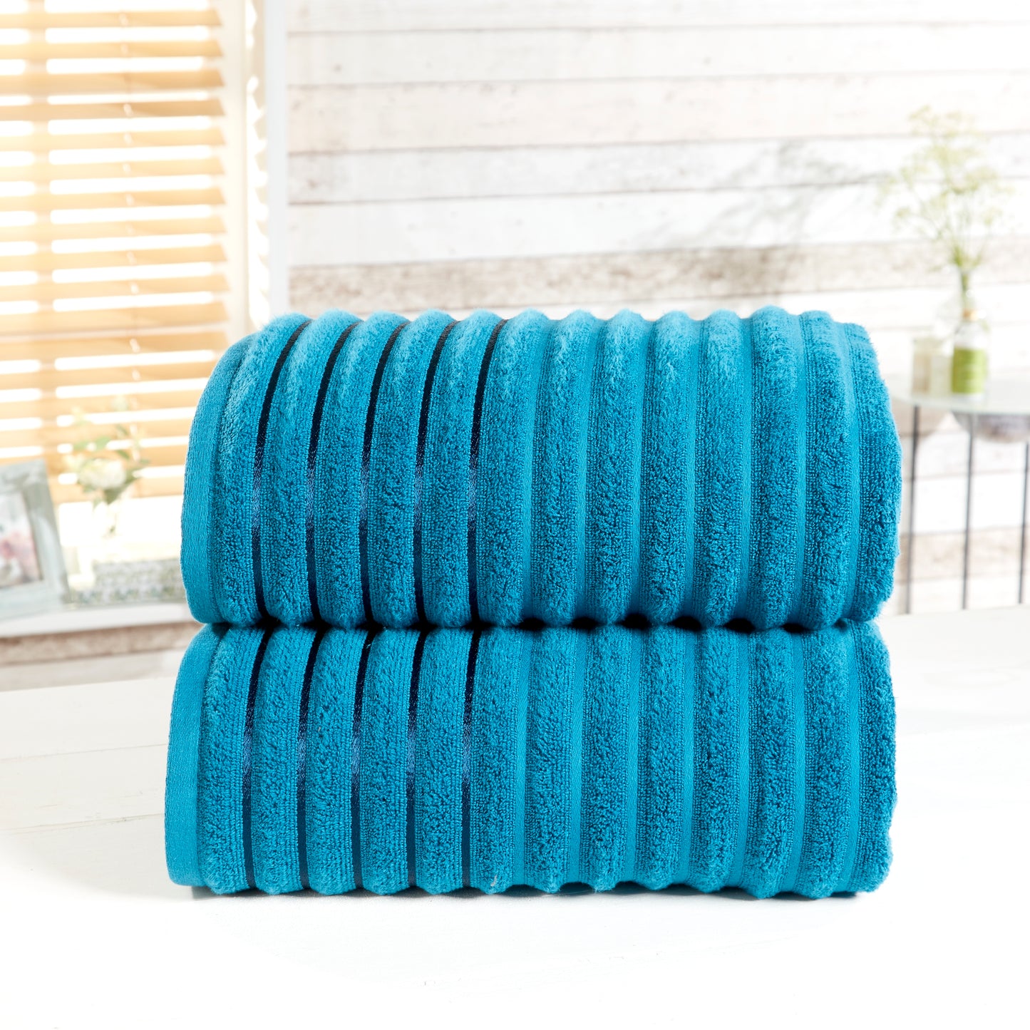 Ribbed 100% Cotton 2 Piece Bath Sheet Set - Teal